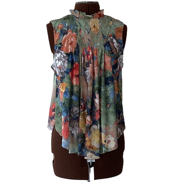 Deletta Floral Pullover Sleeveless Top with Smocked Front - Picture 1 of 6